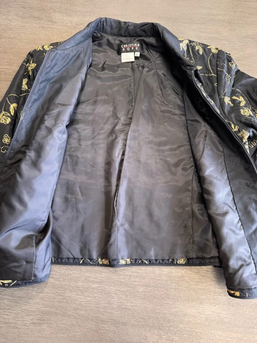 Vintage Silk Quilted Jacket Black Gold Floral Top XL Christina Hope